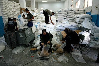 Workers prepare sacks of 010